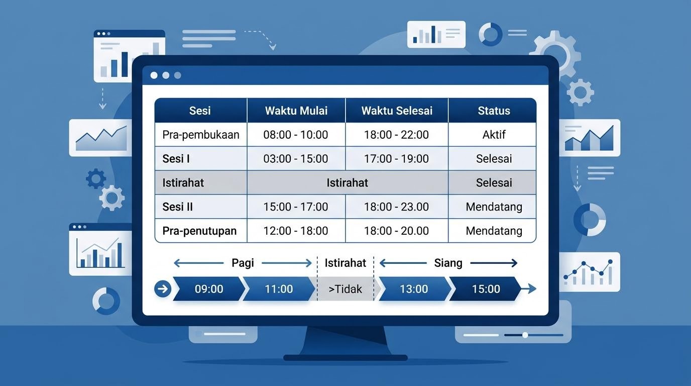 Papan informasi sesi perdagangan IDX dengan jam, satuan lot, dan mekanisme lelang