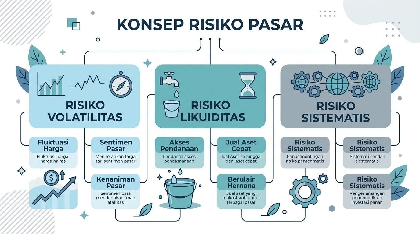 Bagan menampilkan jenis risiko pasar — volatilitas, likuiditas — dengan warna netral tenang