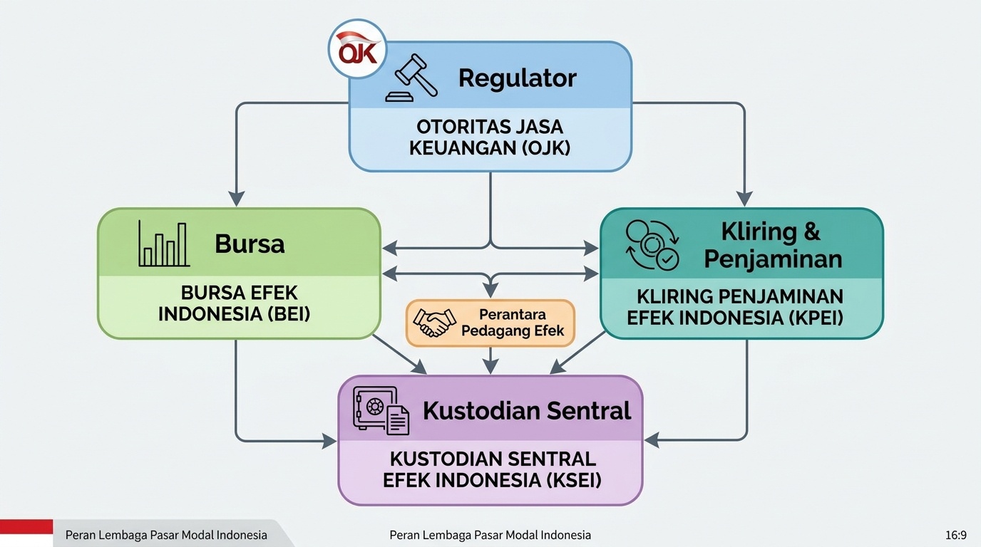 Infografis lembaga pasar modal Indonesia: OJK, bursa efek, dan kustodian sentral dalam satu bagan terstruktur