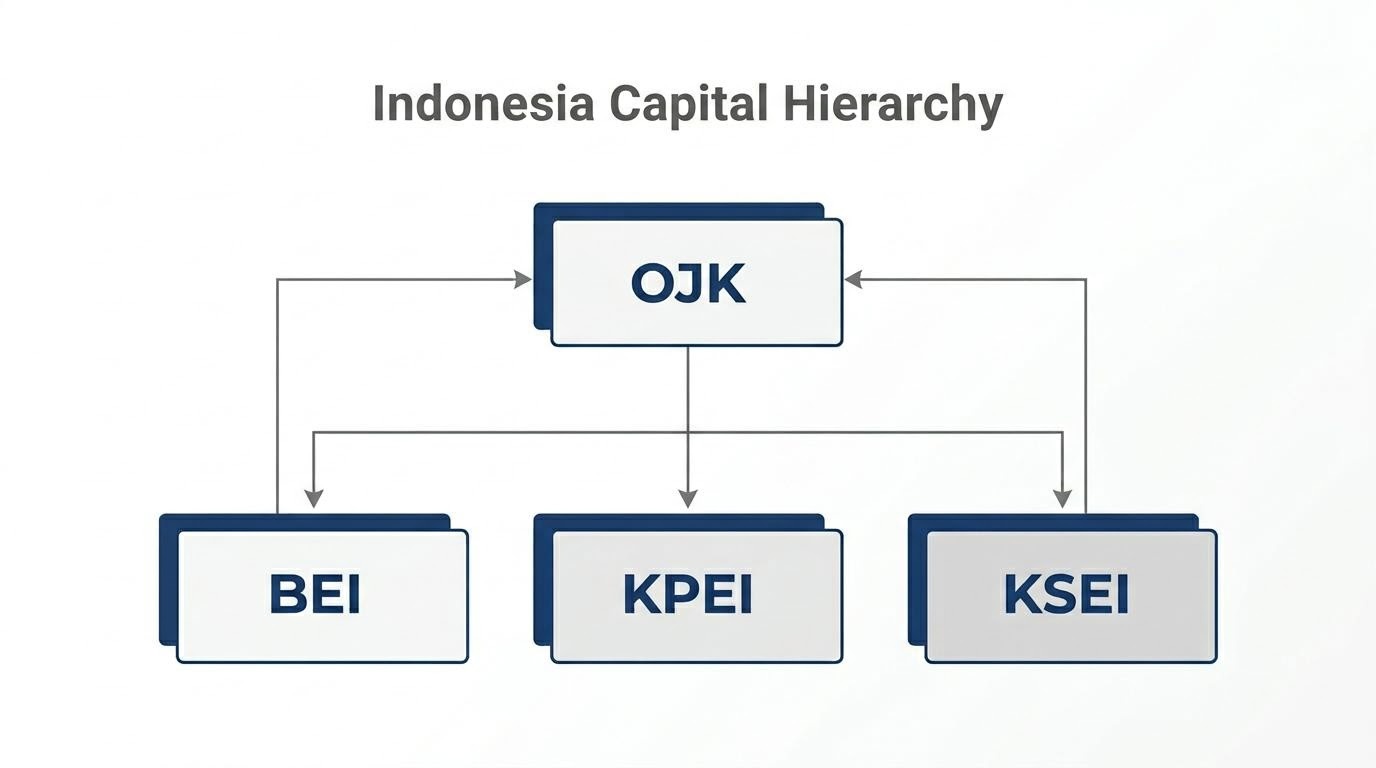 Diagram struktur pasar modal Indonesia menunjukkan lapisan emiten, bursa, dan regulator